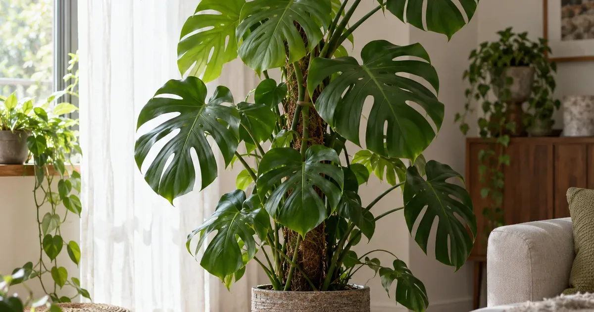 Large monstera with split leaves climbing a pole beside a curtained living room window