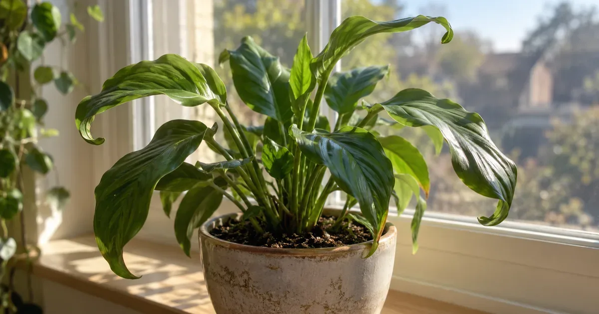 Leafy houseplant in a ceramic pot on a sunny windowsill with several leaf tips curling and twisting, soil visible in the pot