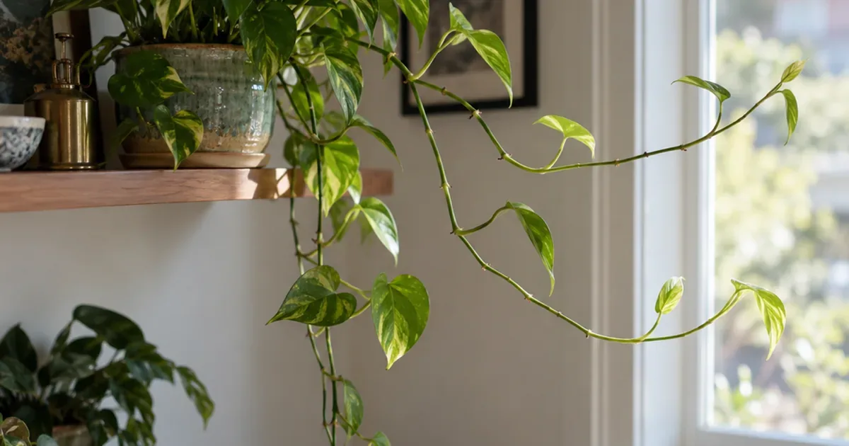 Leggy golden pothos on a shelf with long bare vines stretching toward a bright window