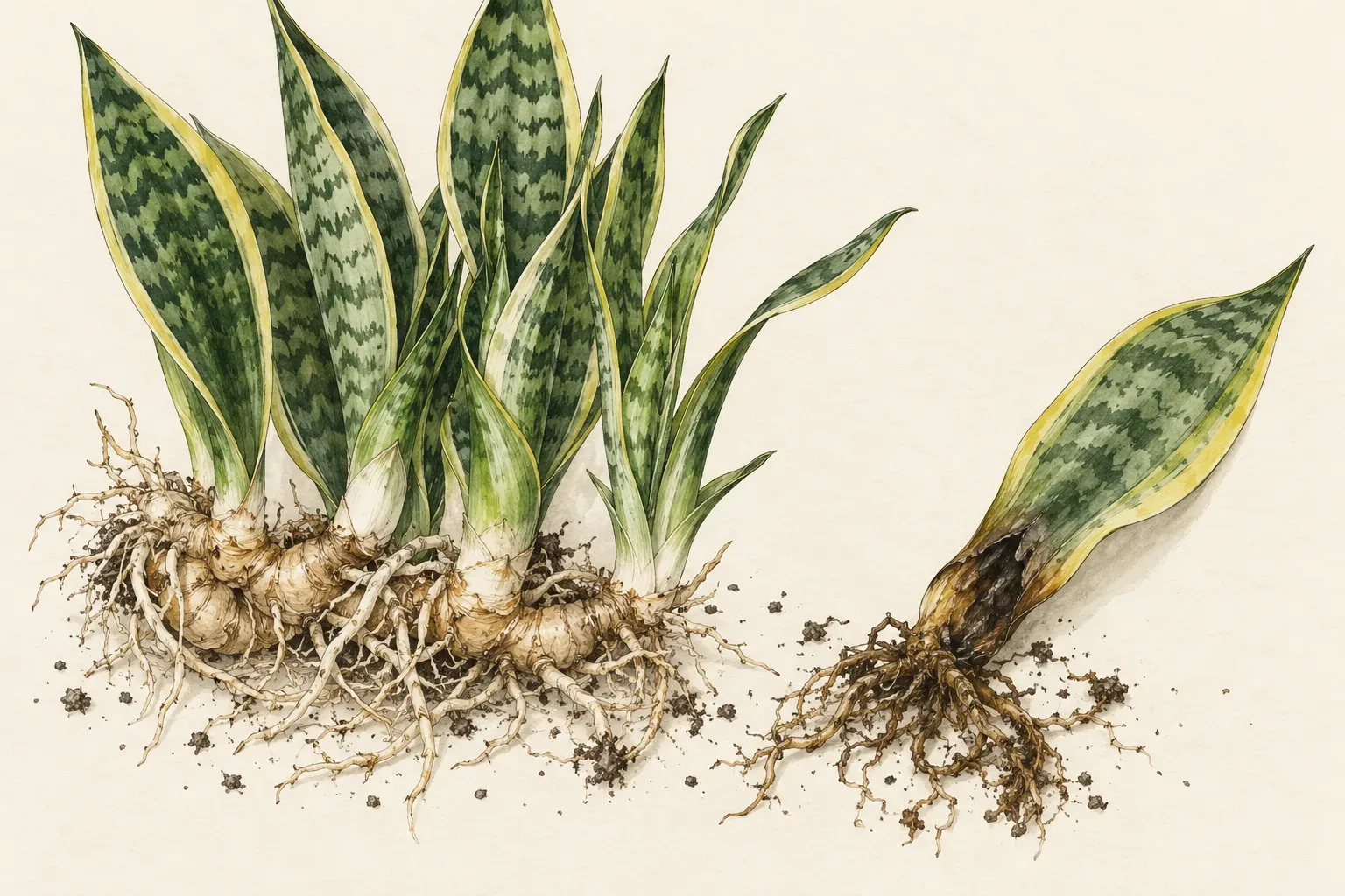 Lifted snake plant clump showing firm rhizomes and roots beside one leaf with a dark, soft, rotting base