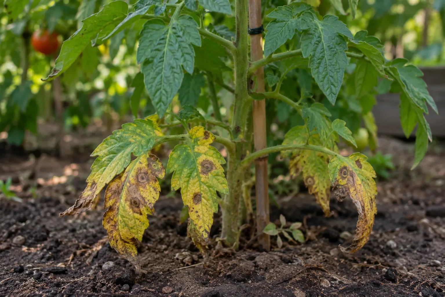 Lower half of a staked tomato with yellow bottom leaves carrying brown target-ringed spots, green leaves above and bare soil below