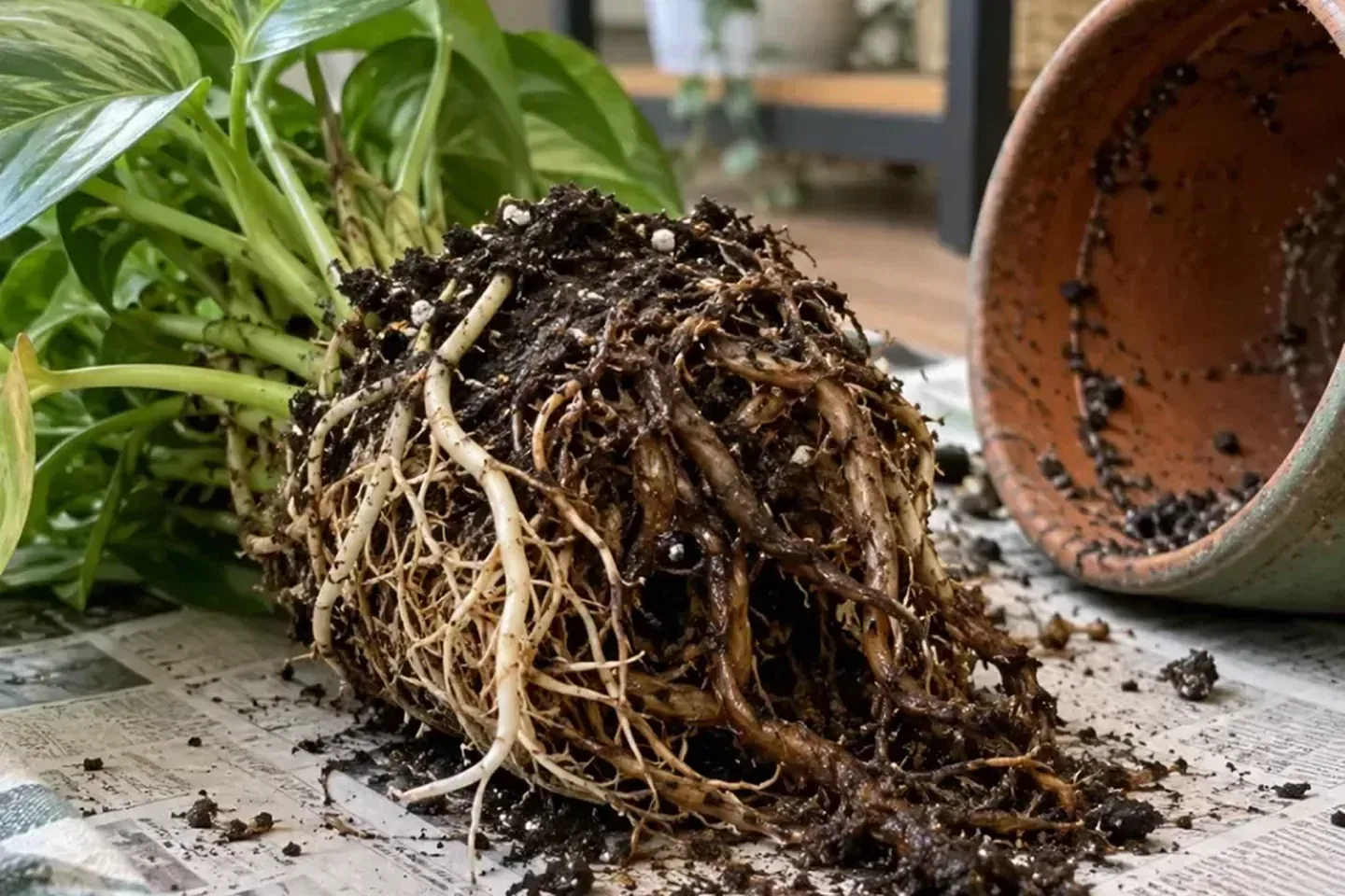 Mixed firm and dark roots exposed beside an empty pot