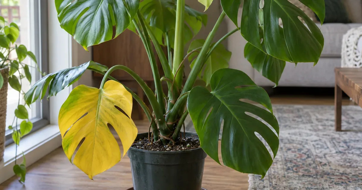 Monstera in a nursery pot on a saucer by a window, one large lower leaf fully yellow and a pale new leaf unfurling at the top