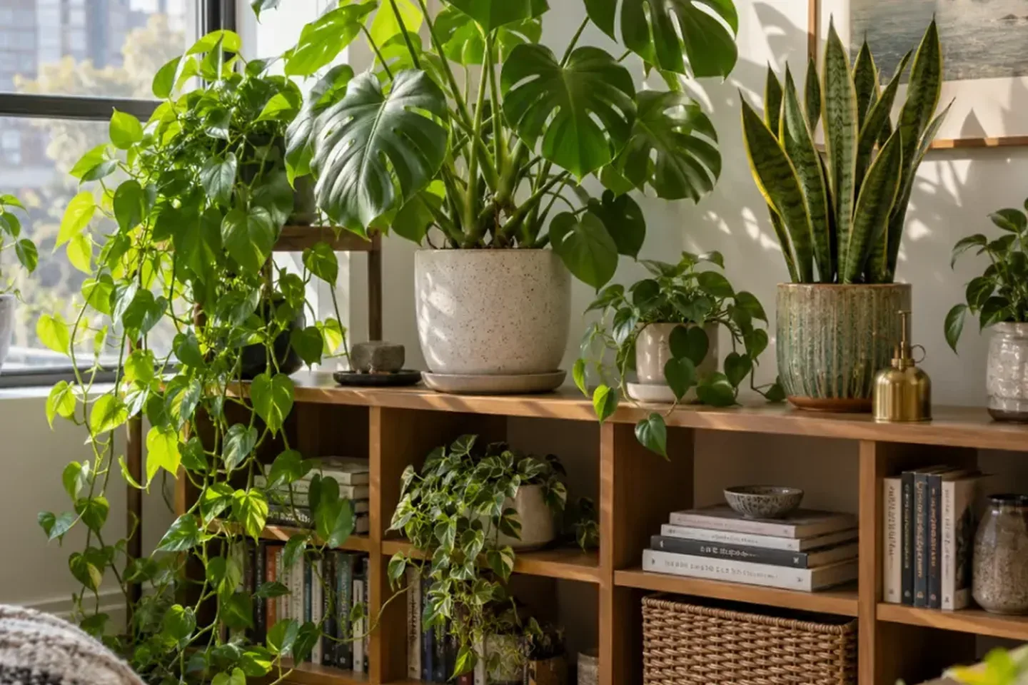 Monstera, pothos and snake plant arranged in a bright living room