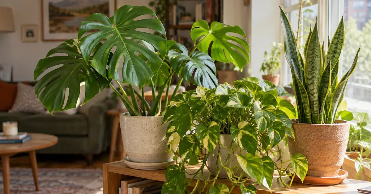 Monstera, trailing pothos and snake plant on a wooden shelf beside a bright apartment window