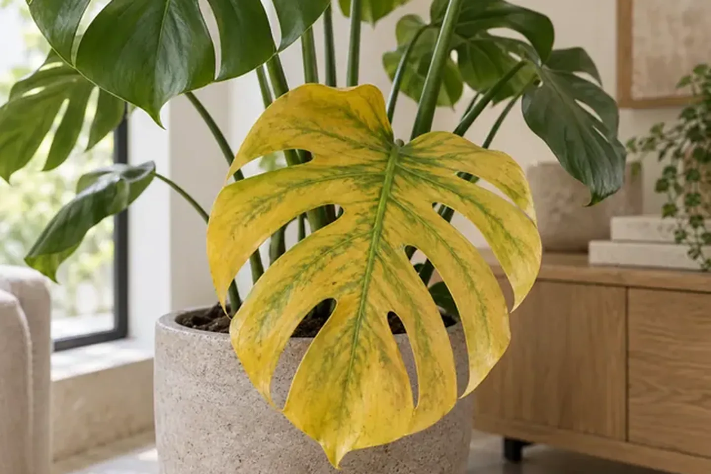 Monstera with one yellowing leaf in front of healthy dark green foliage