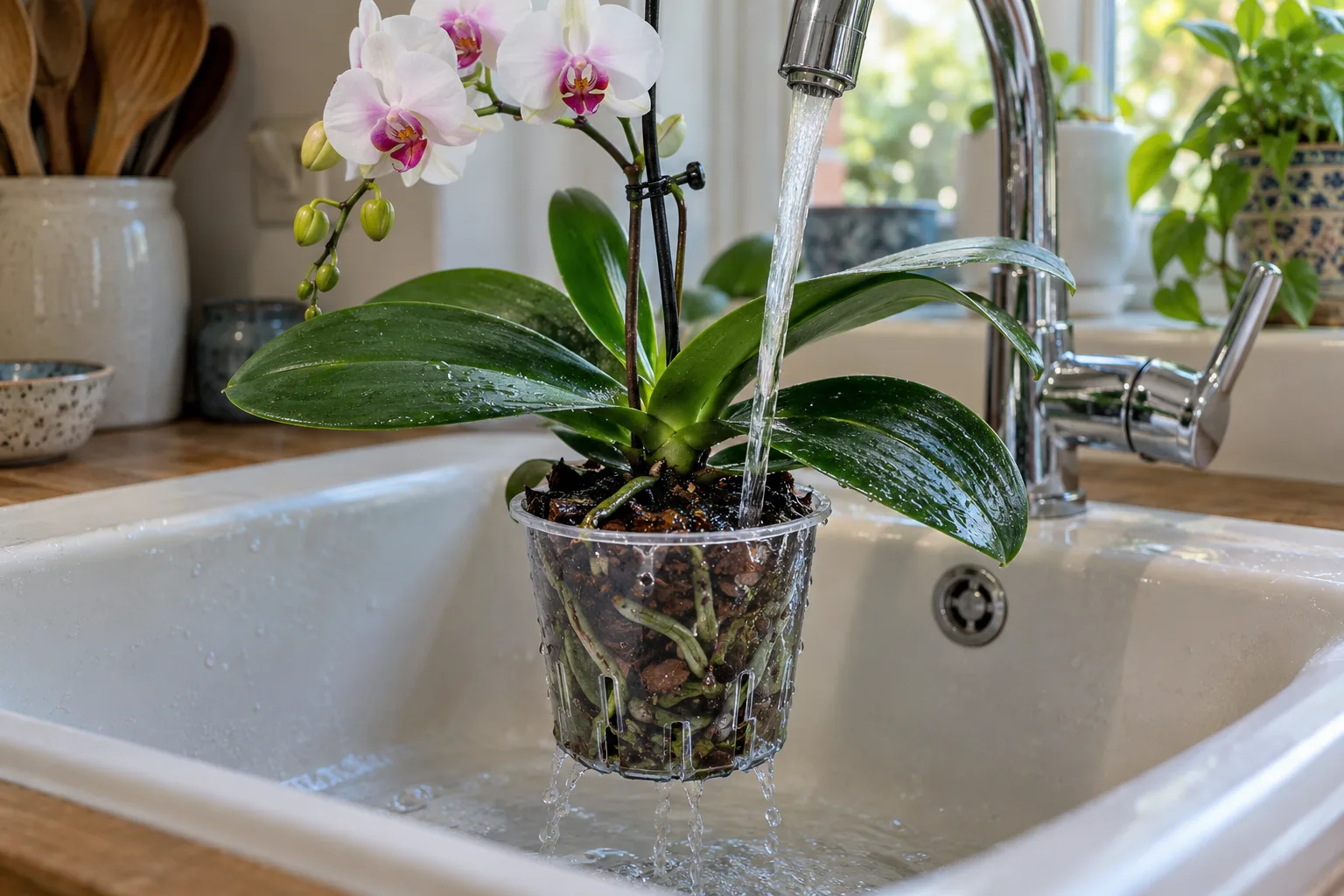 Moth orchid in a clear pot in a white kitchen sink with tap water running onto the bark and draining out the bottom
