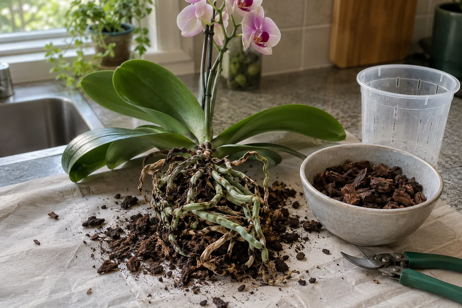 Moth orchid out of its pot on paper with old bark around its roots, a bowl of fresh orchid bark, an empty clear pot and green snips