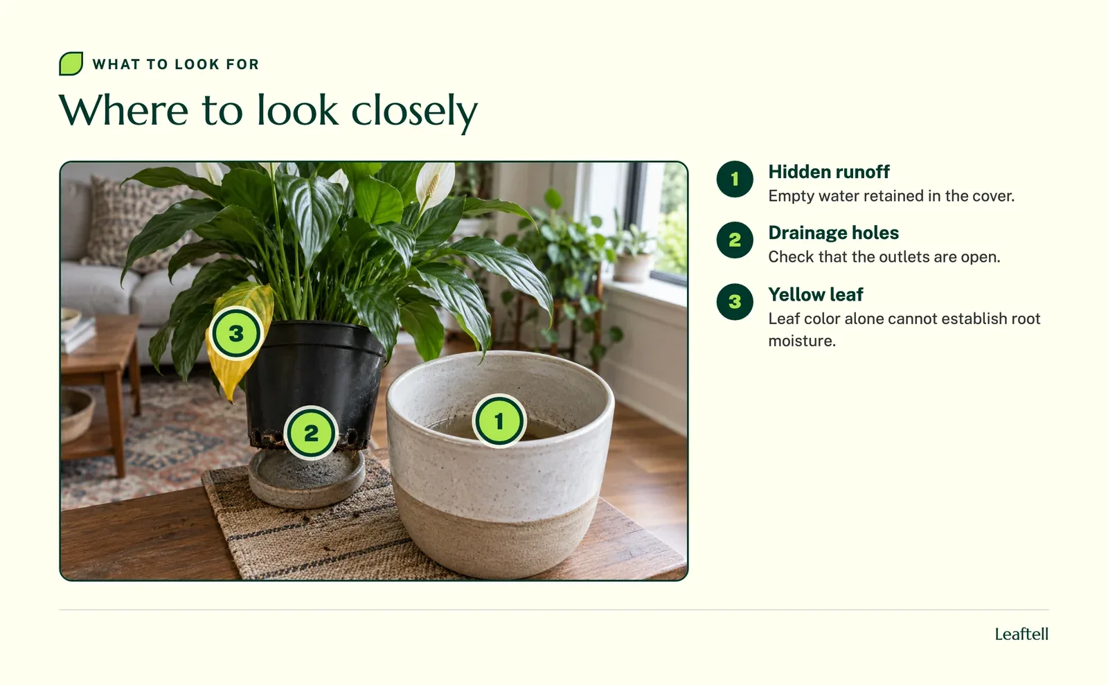 Numbered inspection points on the plant and its surroundings
