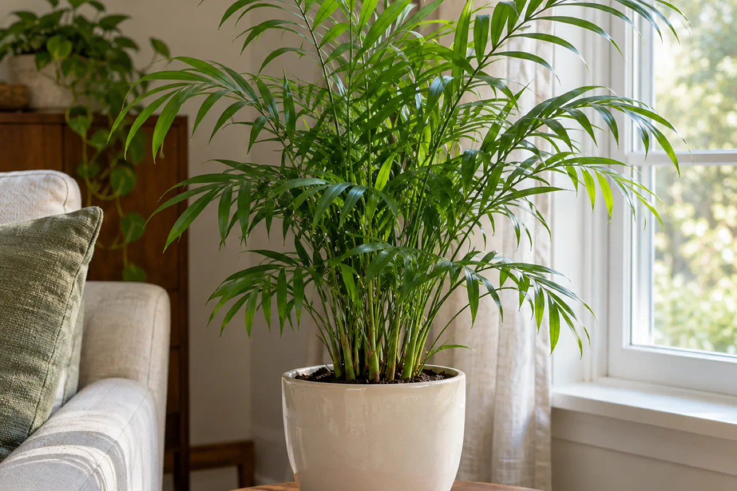 Parlor palm with fine green fronds in a cream pot beside a living room window