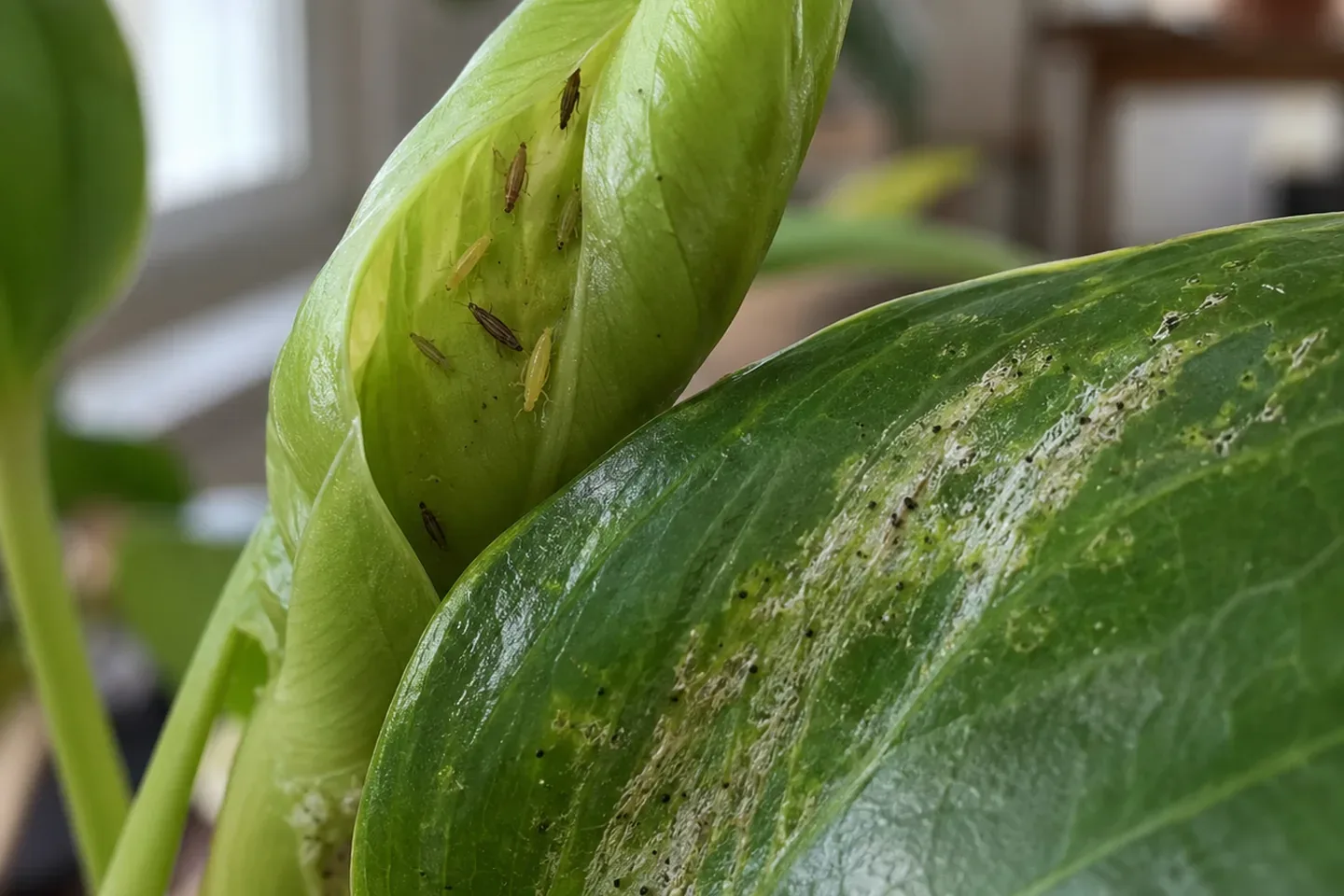 Partly unfolded new leaf with tiny slender thrips in the fold and silvery streaks with black dots