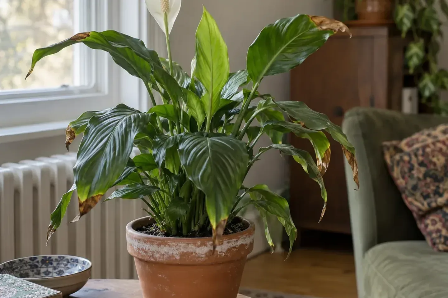 Peace lily beside a radiator with crisp brown leaf tips, white crust on the terracotta rim and a clean new leaf in the center
