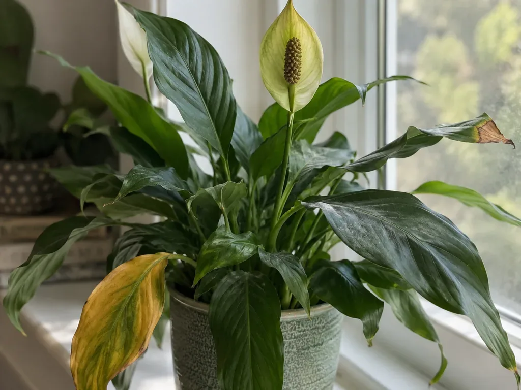 Peace lily close-up with a brown leaf tip, a yellow lower leaf and an aging flower turned pale green