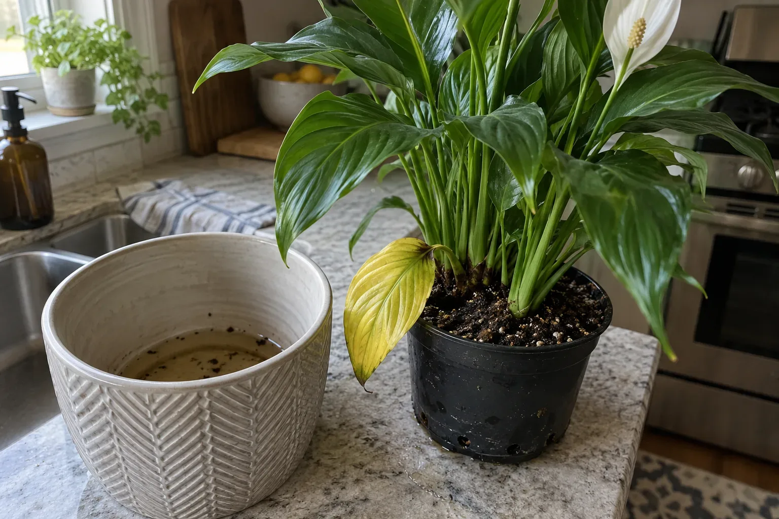 Peace lily in a black nursery pot lifted out of its cover pot, dirty standing water in the cover, one yellow leaf and drainage holes visible