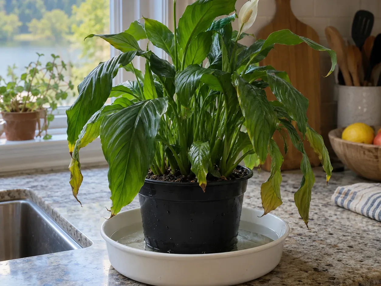 Peace lily in a black nursery pot standing in a shallow white basin of water on a kitchen counter by a window