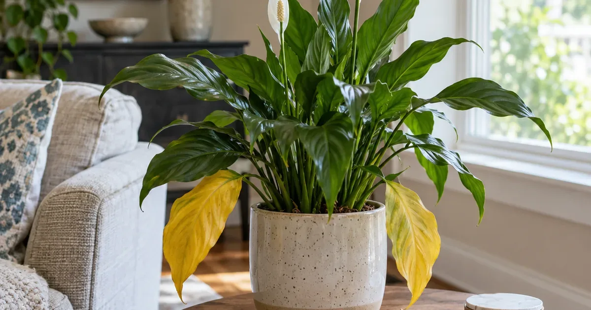 Peace lily in a ceramic cover pot near a bright window with two yellow outer leaves and green upright center leaves
