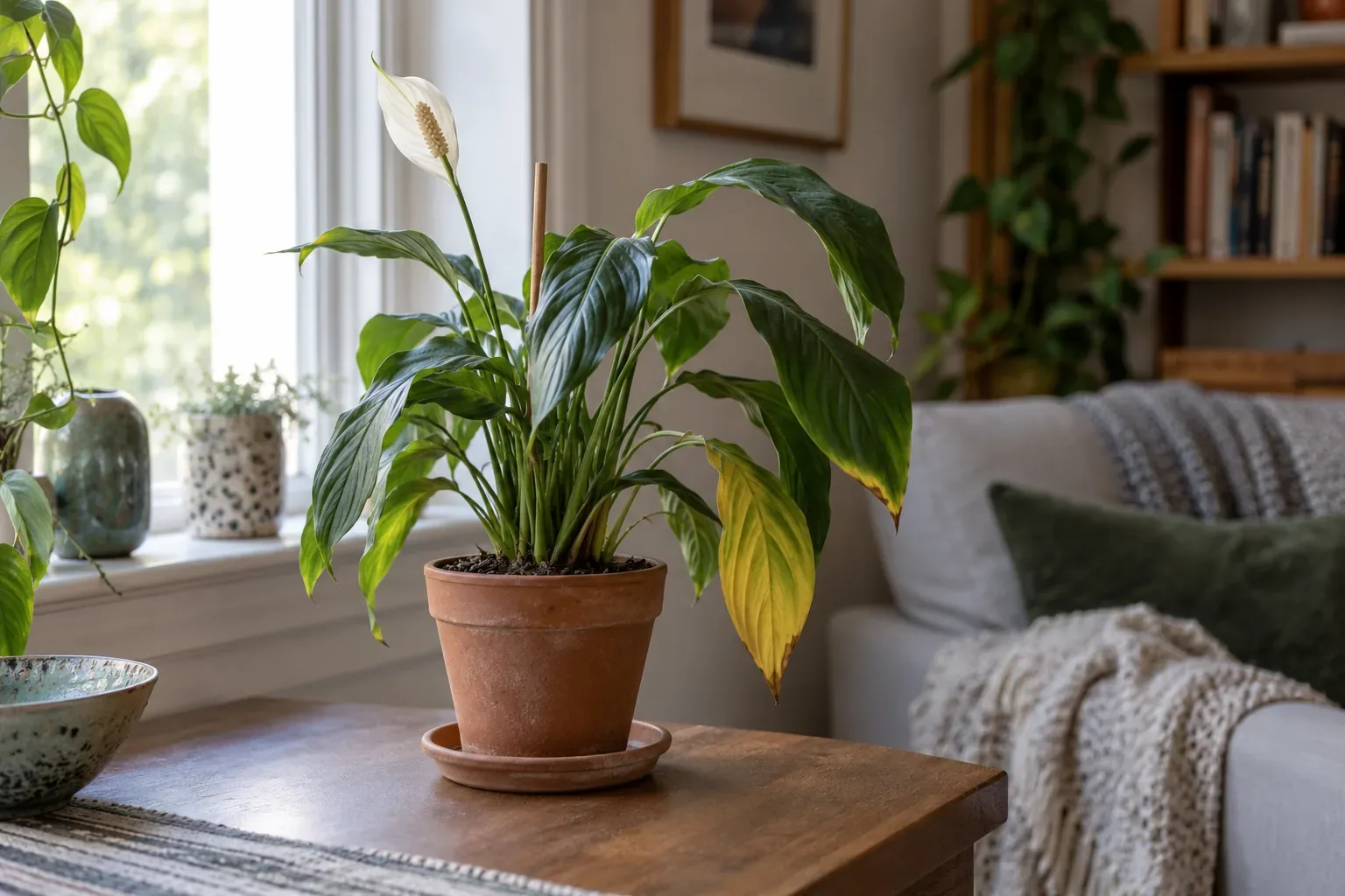 Peace lily in a small terracotta pot on an empty saucer by a bright window, held by a thin stake, one lower leaf yellowing