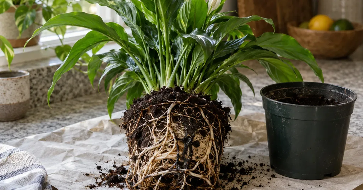 Peace lily lifted out of its nursery pot onto paper on a kitchen counter, root ball wrapped in pale roots, empty pot beside it