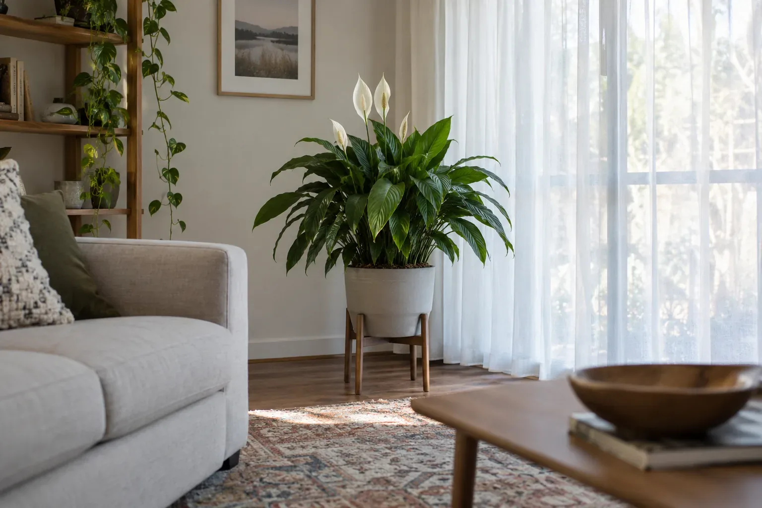 Peace lily on a plant stand a few feet back from a window with a sheer white curtain diffusing the daylight
