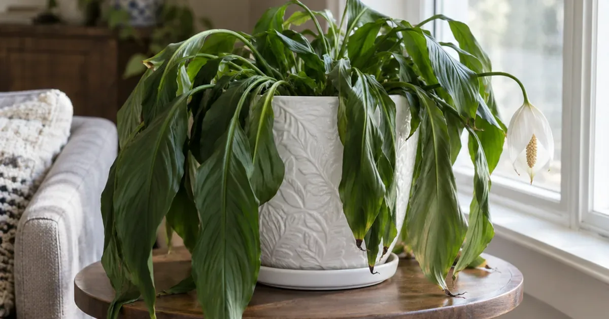 Peace lily with every leaf drooping over the rim of a white decorative pot on a side table near a window