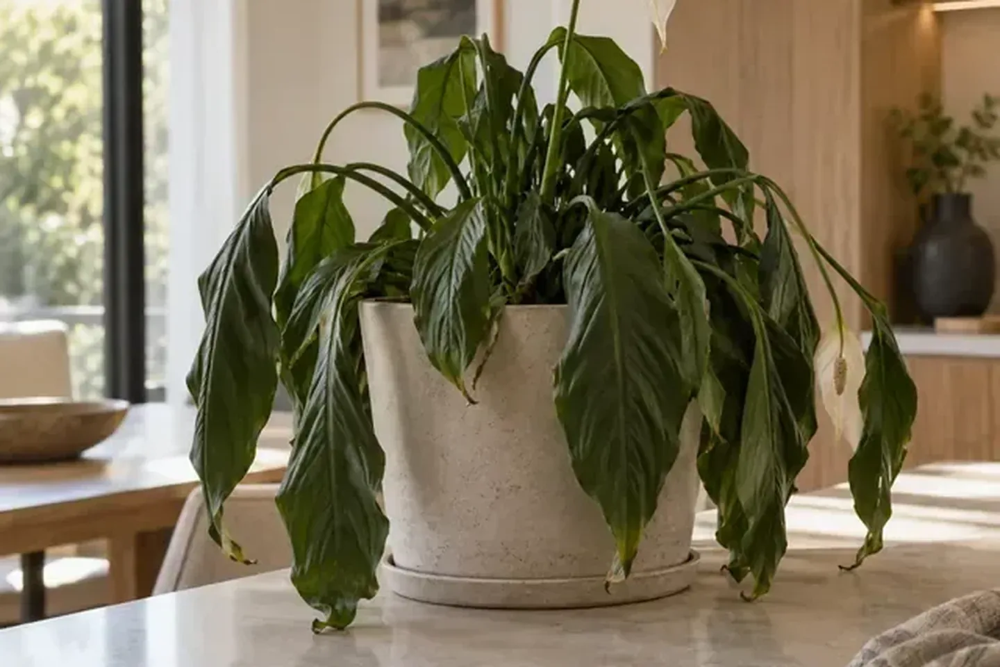 Peace lily with hanging leaves above its pot