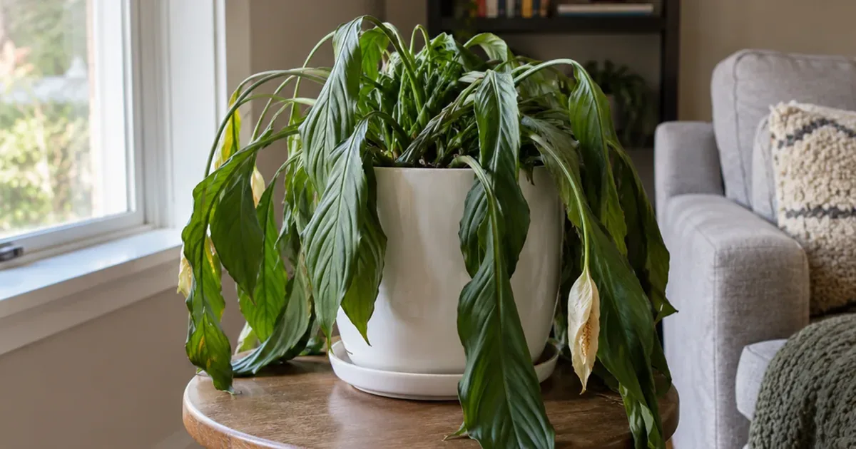 Peace lily with limp leaves hanging over the rim of a white pot near a window