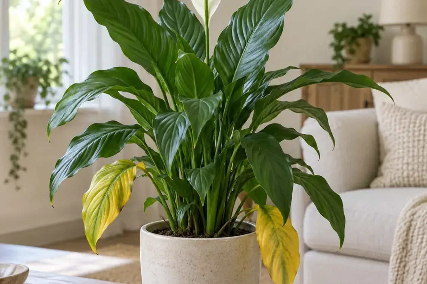 Peace lily with yellow lower leaves among upright green foliage