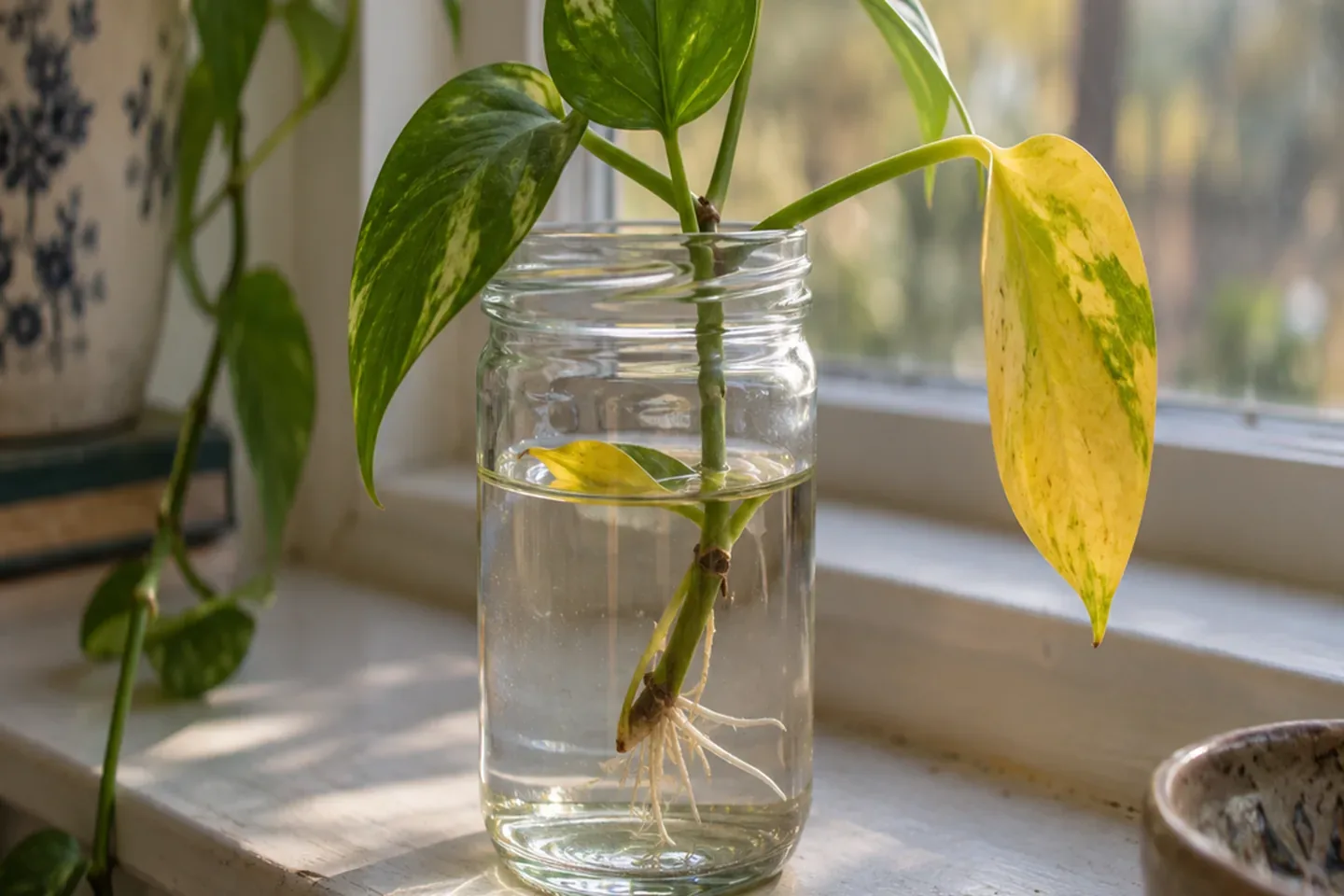 Pothos cutting in a clear jar of water with one yellowing leaf, a submerged leaf at the water line and short white roots from a node
