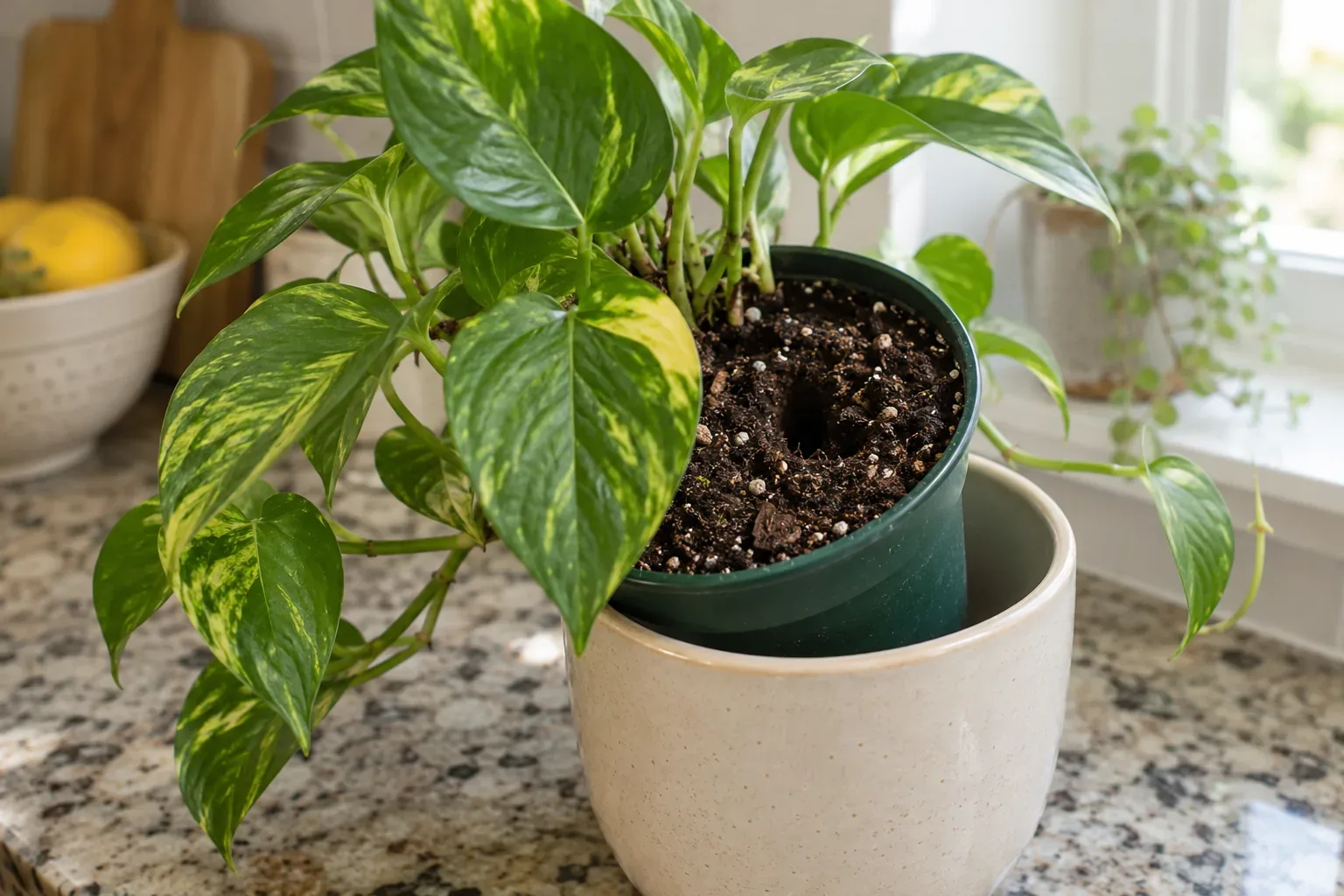Pothos in a green nursery pot lifted partway out of its ceramic cover pot on a kitchen counter, a finger-sized test hole in the mix