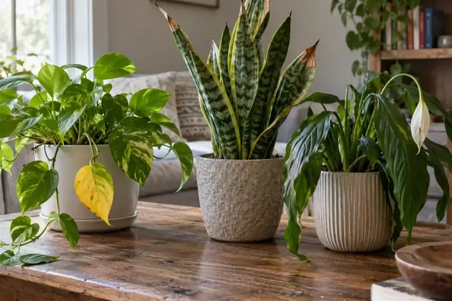 Pothos with one yellow leaf, snake plant with brown leaf tips and a peace lily on a wooden coffee table