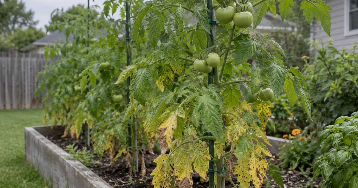 Row of staked tomatoes in a raised bed with the nearest plant showing yellowing lower leaves with brown spots under healthy upper growth