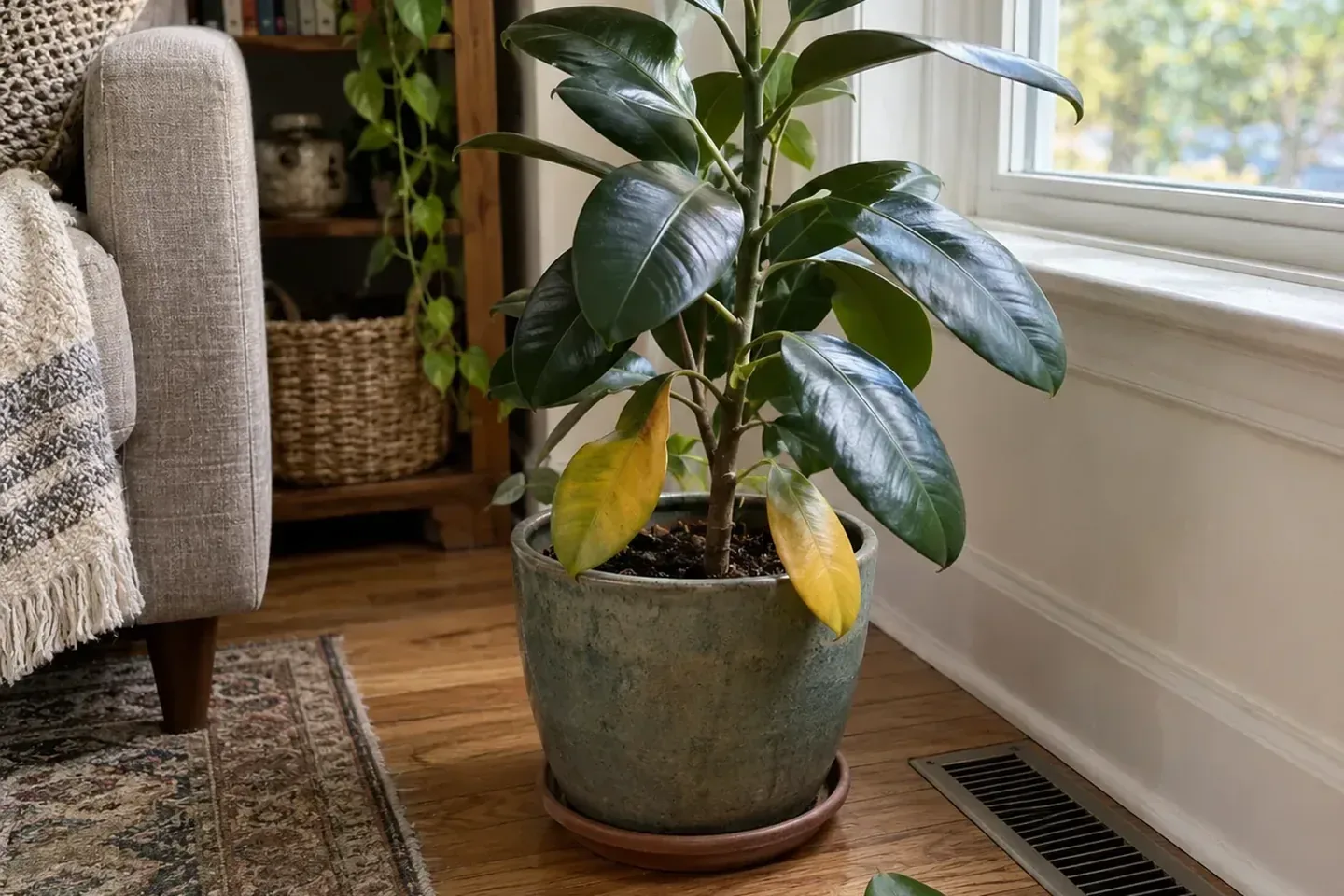 Rubber plant beside a floor heating vent with two yellow lower leaves and two green leaves fallen on the floor