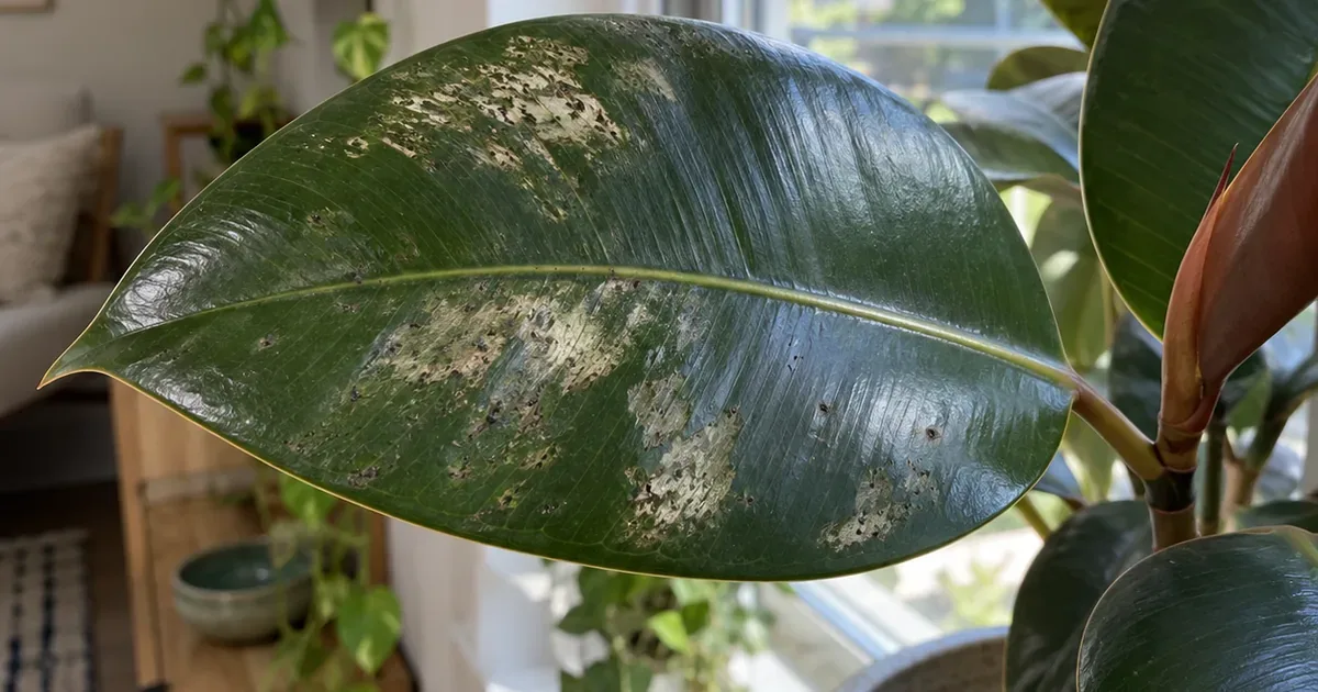 Rubber plant leaf by a window with silvery scraped patches and tiny dark specks