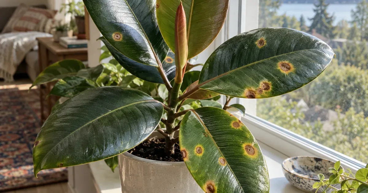 Rubber plant on a bright windowsill with round brown spots ringed in yellow on several glossy leaves