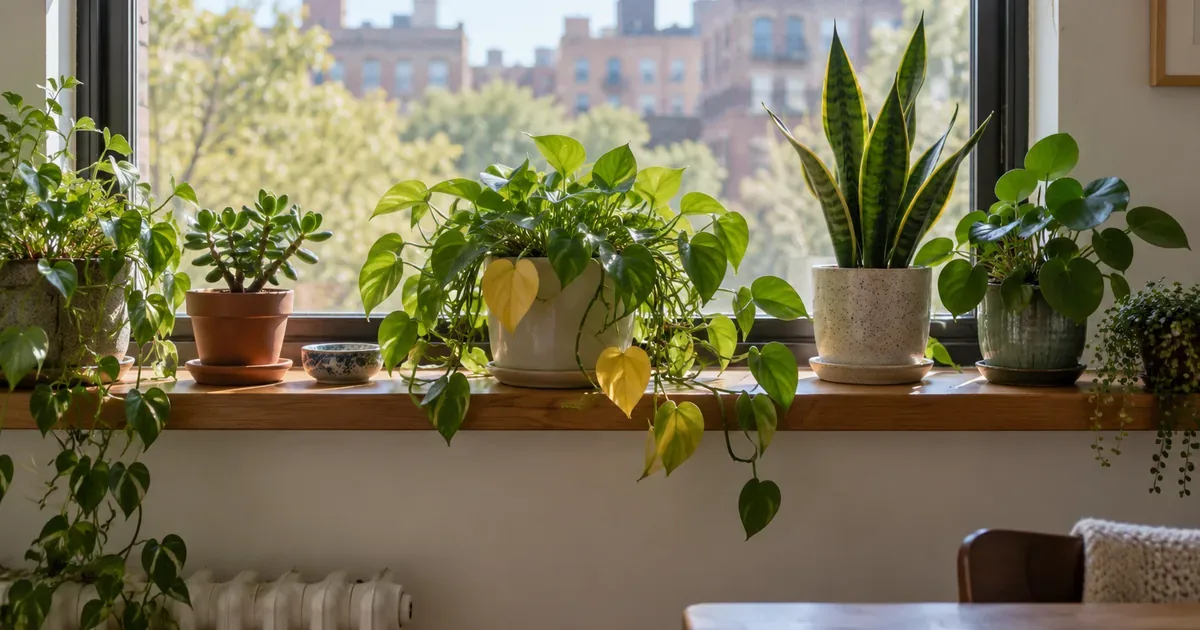 Shelf of houseplants by a window with one pothos showing yellow lower leaves and limp vines