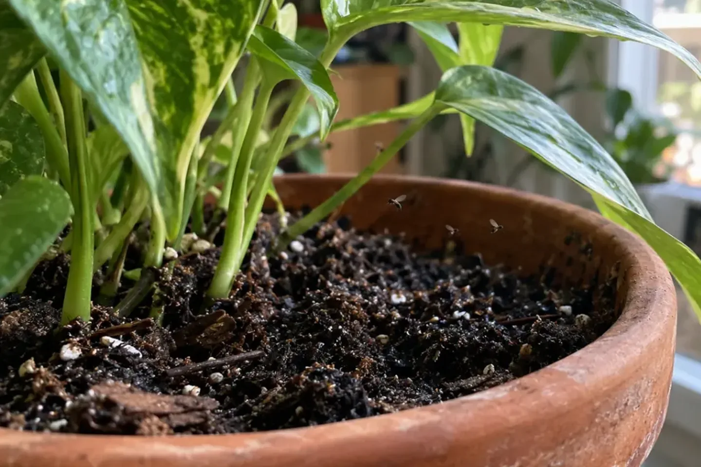 Small dark flies above damp mix beneath a pothos