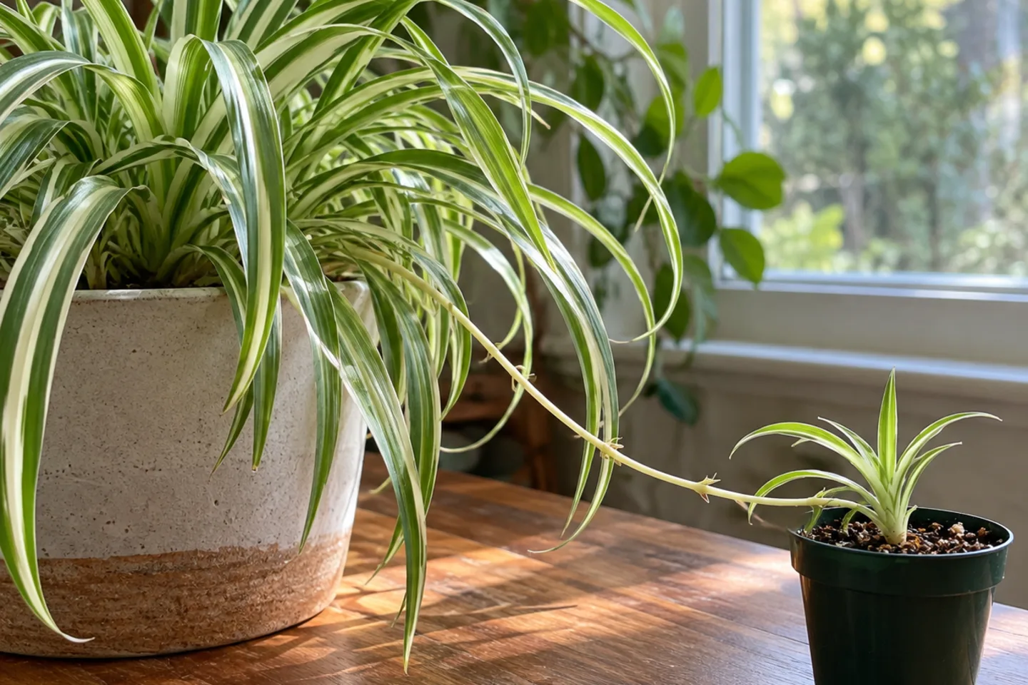 Small spider plant in a nursery pot connected by a runner to a larger plant