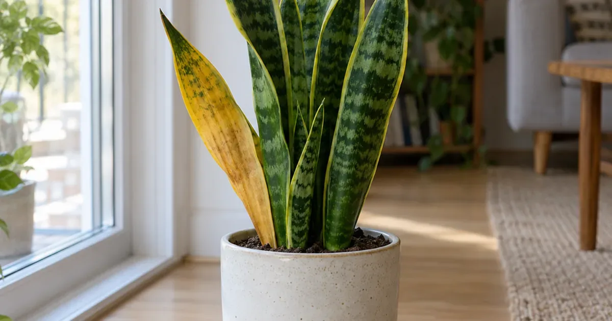 Snake plant by a window with one yellowing outer leaf among firm upright dark green leaves