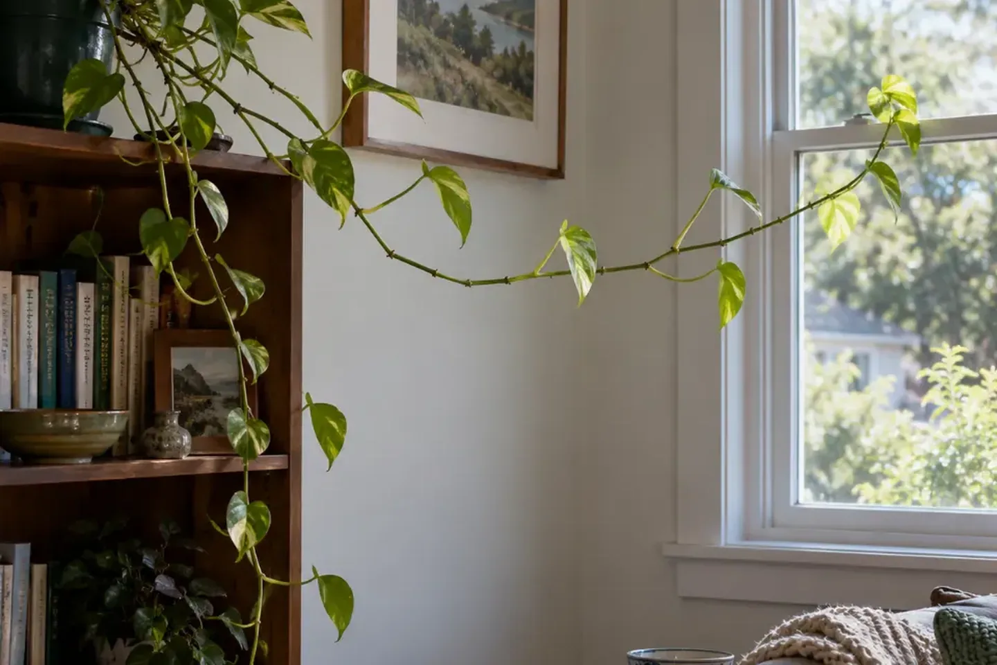 Sparse pothos vine showing widely spaced leaves