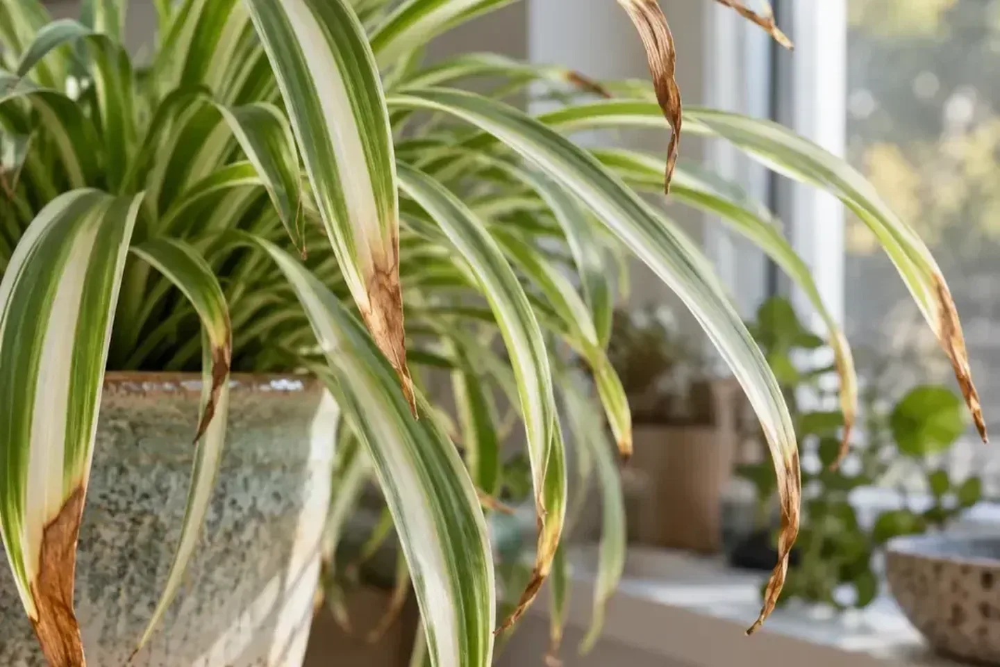 Spider plant with crisp brown tips on narrow arching leaves