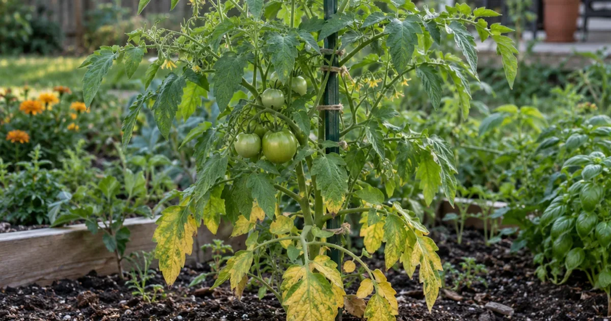 Staked backyard tomato plant with green fruit and several yellow lower leaves under a green upper canopy