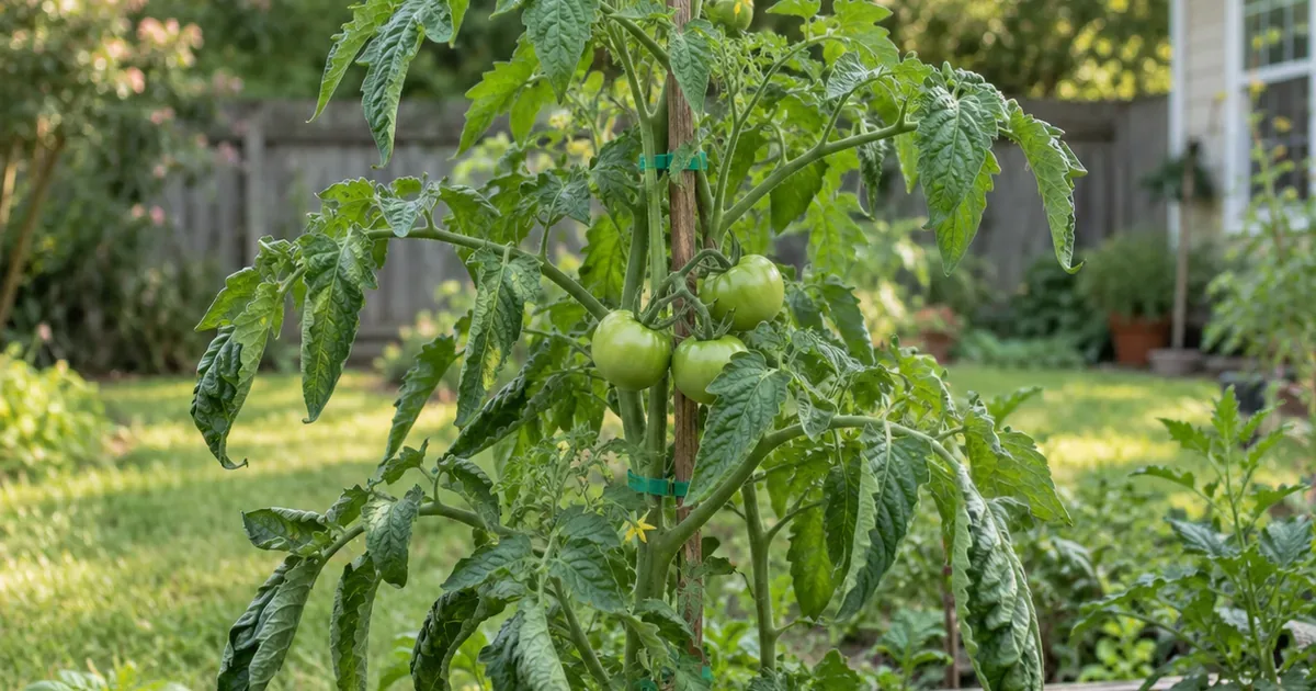 Staked backyard tomato plant with green older leaflets rolled upward and flat new leaves at the top on a summer afternoon
