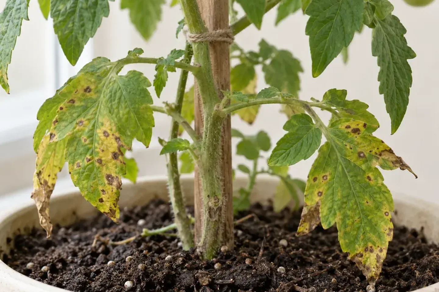 Staked tomato in a container with yellowing lower leaves covered in small brown spots above the potting mix
