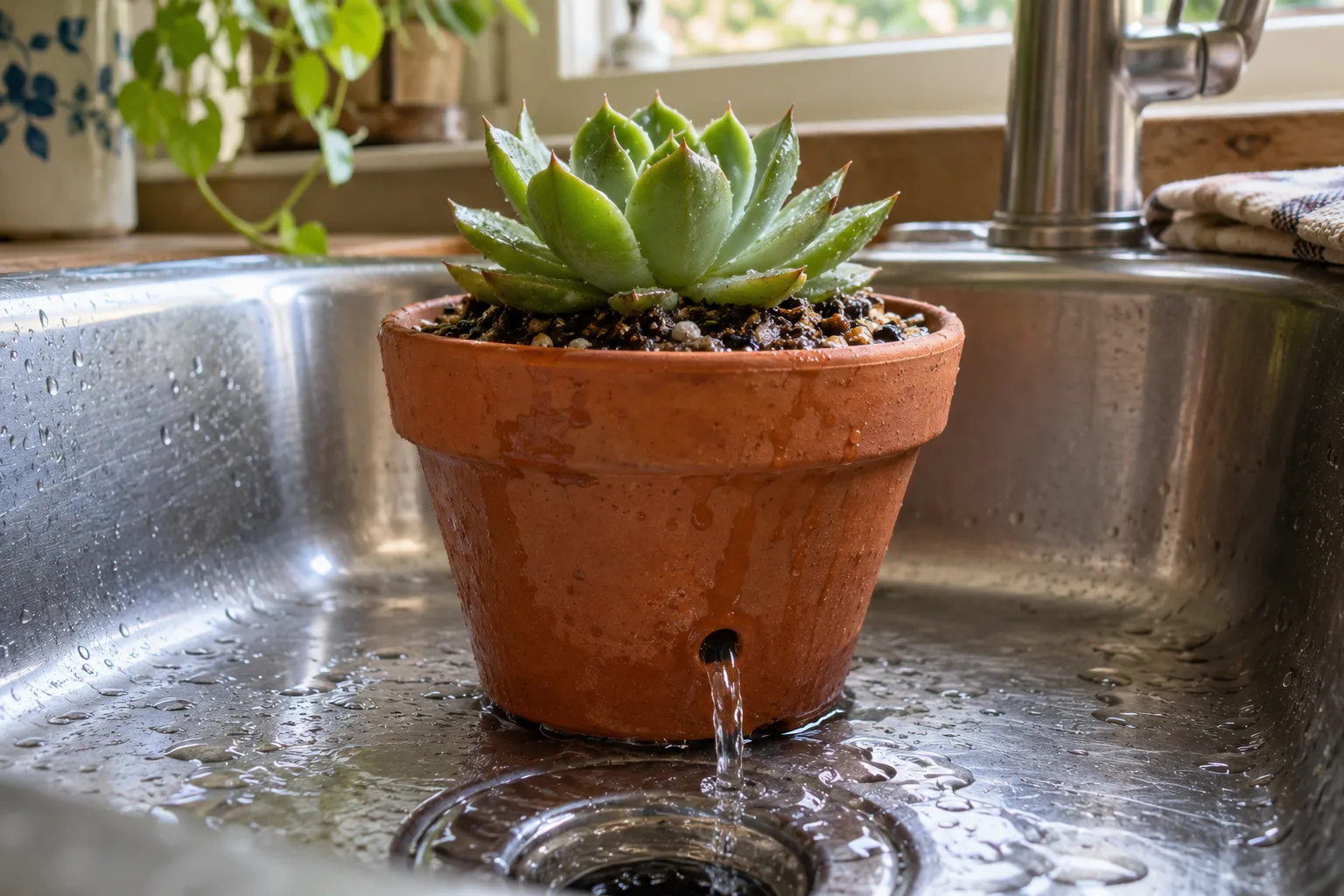 Succulent in a terracotta pot in a kitchen sink with water running out of the drainage hole