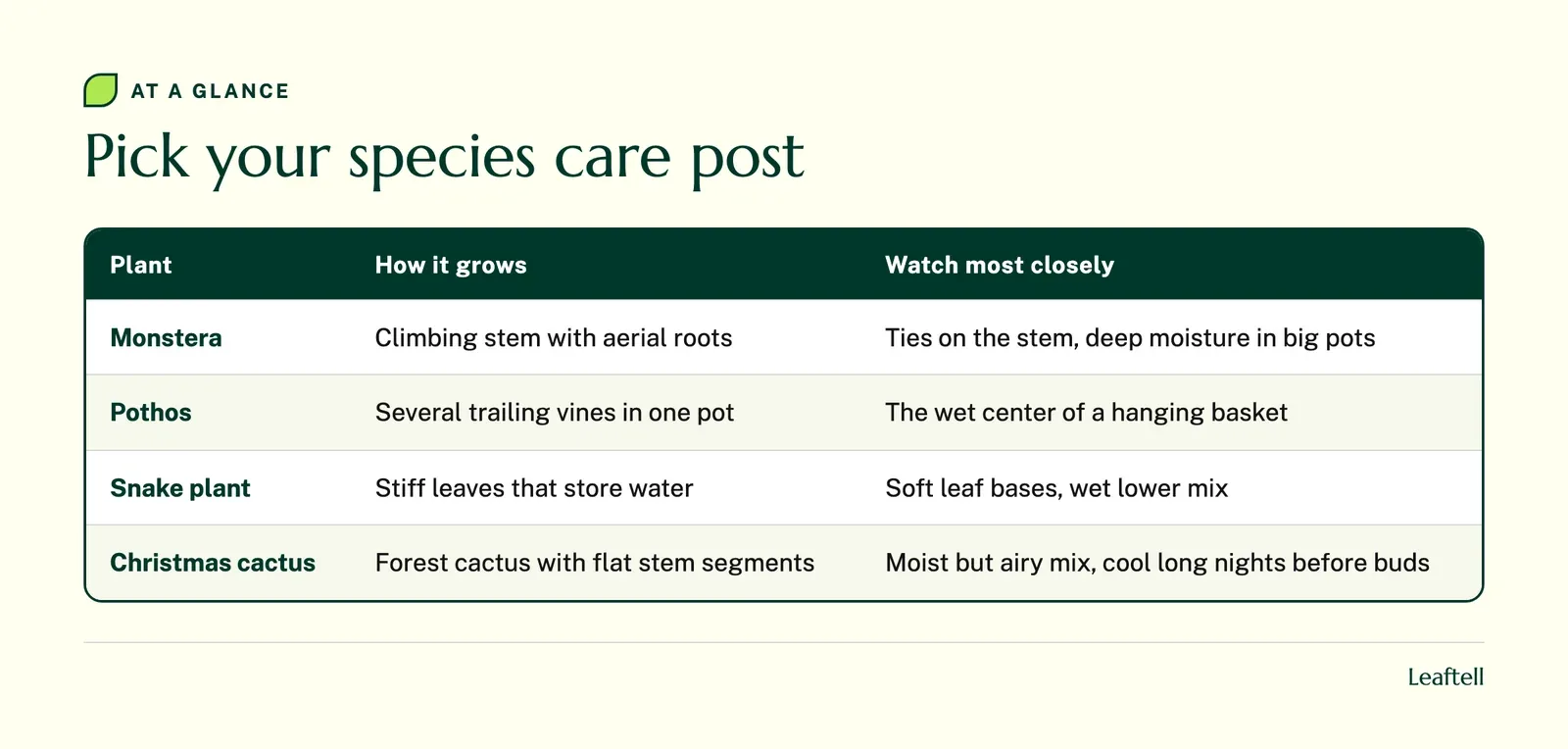 Table, Pick your species care post, with columns Plant, How it grows, Watch most closely