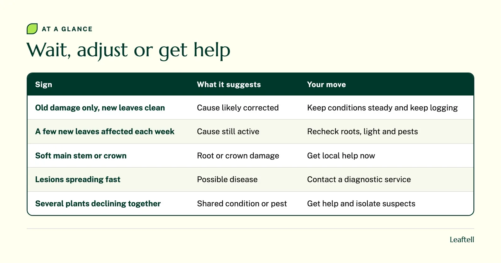 Table: Wait, adjust or get help. Shows Sign, What it suggests, Your move, Old damage only, new leaves clean, Cause likely corrected, Keep conditions steady and keep logging.