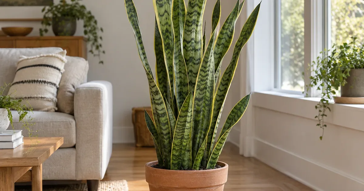 Tall snake plant with upright banded leaves in a terracotta pot near a bright window