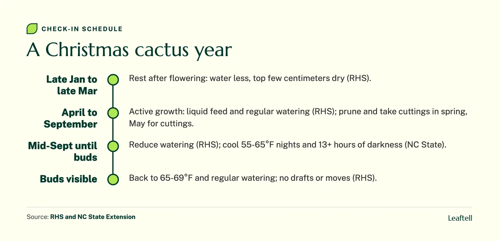 Timeline: A Christmas cactus year. Shows Late Jan to late Mar, April to September, Mid-Sept until buds, Buds visible.