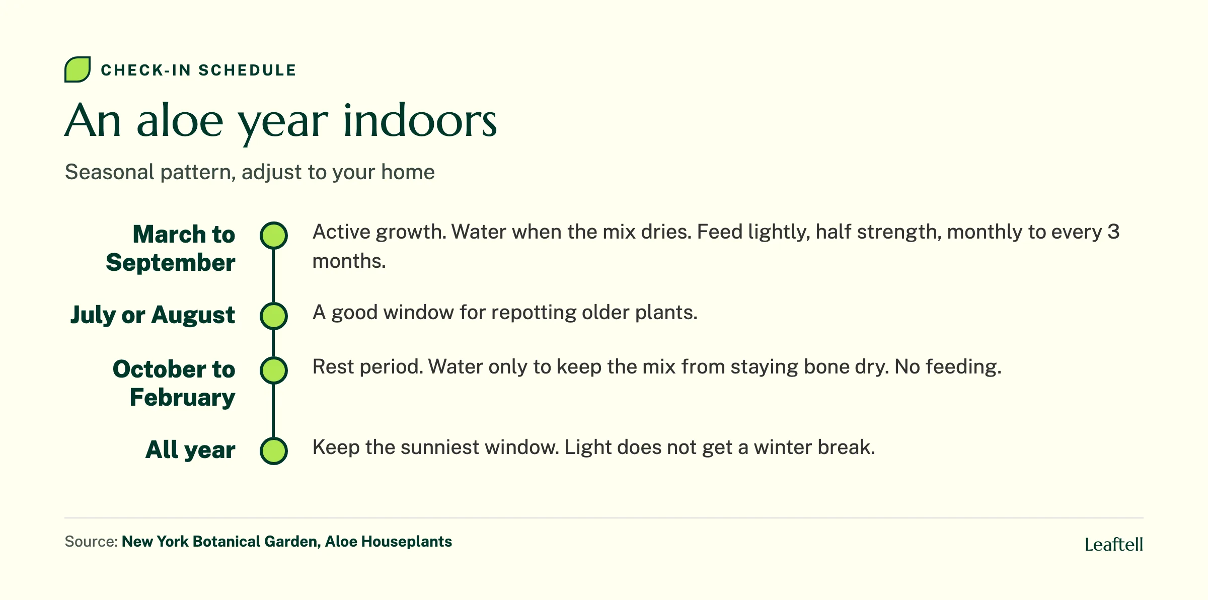 Timeline of the aloe year indoors: growth and feeding March to September, rest October to February