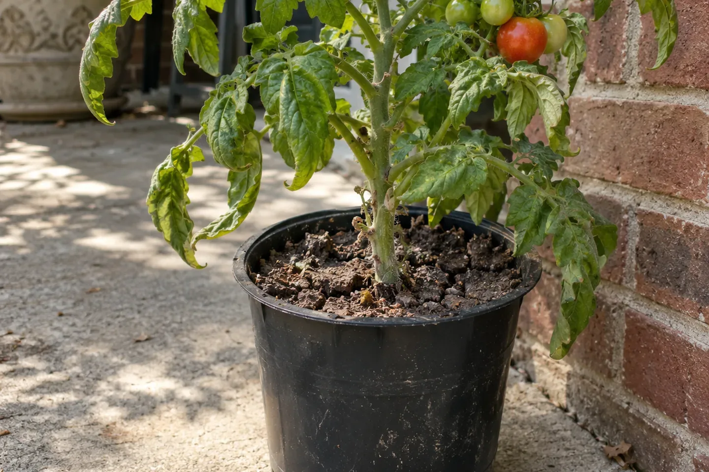 Tomato in a small black pot on a hot concrete patio by a brick wall with upward rolled older leaves and dry cracked potting mix